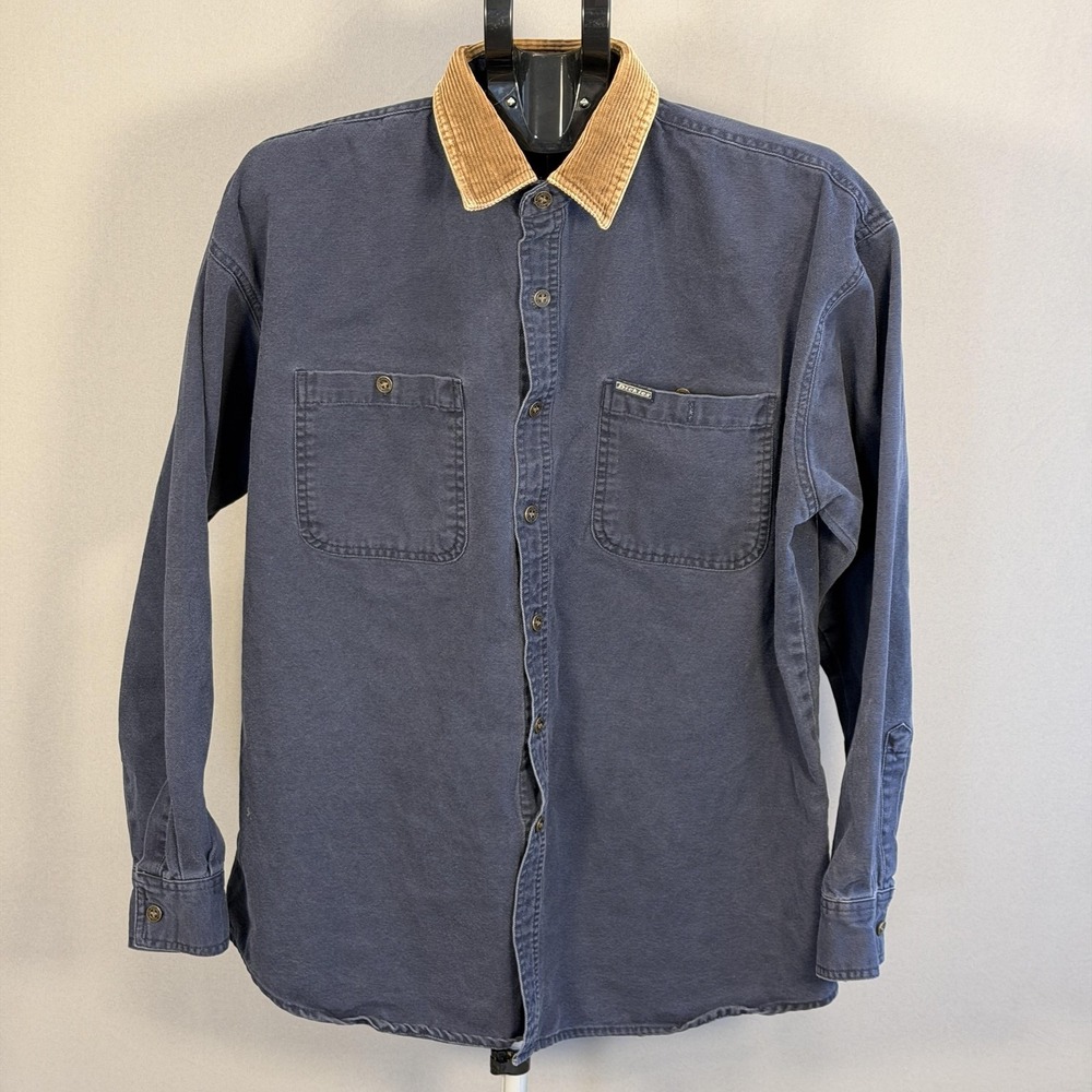 Dickies Shirt Mens Large Blue Corduroy Collar Button Up Long Sleeve Workwear